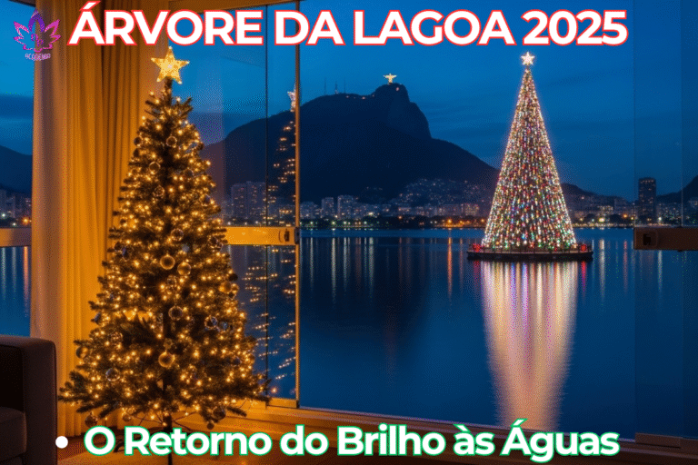 Árvore de Natal da Lagoa 2025 Vista da janela de um apartamento mostrando a Árvore de Natal da Lagoa 2025 flutuando iluminada e o Cristo Redentor ao fundo, contrastando com uma árvore de natal slim decorada no interior da sala."