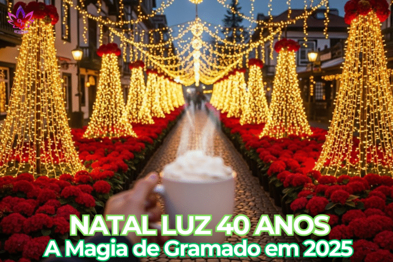 Vista noturna iluminada da Rua Coberta no Natal Luz de Gramado 2025, com uma caneca de chocolate quente em primeiro plano.