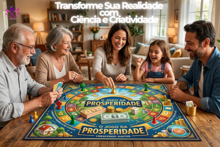 Uma família feliz (avós, pais e filha) reunida ao redor de uma mesa de madeira jogando um jogo de tabuleiro vibrante e detalhado chamado 'O Jogo da Prosperidade'. A imagem ilustra o conceito de abundância, finanças, ciência e criatividade crescendo juntos em um ambiente doméstico acolhedor.
