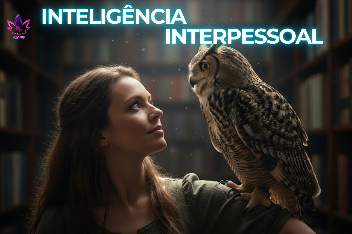 Imagem para a Inteligência Interpessoal, mostrando uma mulher e uma coruja em uma biblioteca, simbolizando a sabedoria aplicada à conexão e à empatia.
