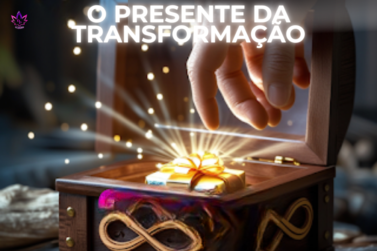 Uma mão alcançando um presente radiante dentro de uma caixa de madeira com o símbolo do infinito, ilustrando o despertar para o verdadeiro significado de prosperidade e a abundância interior.