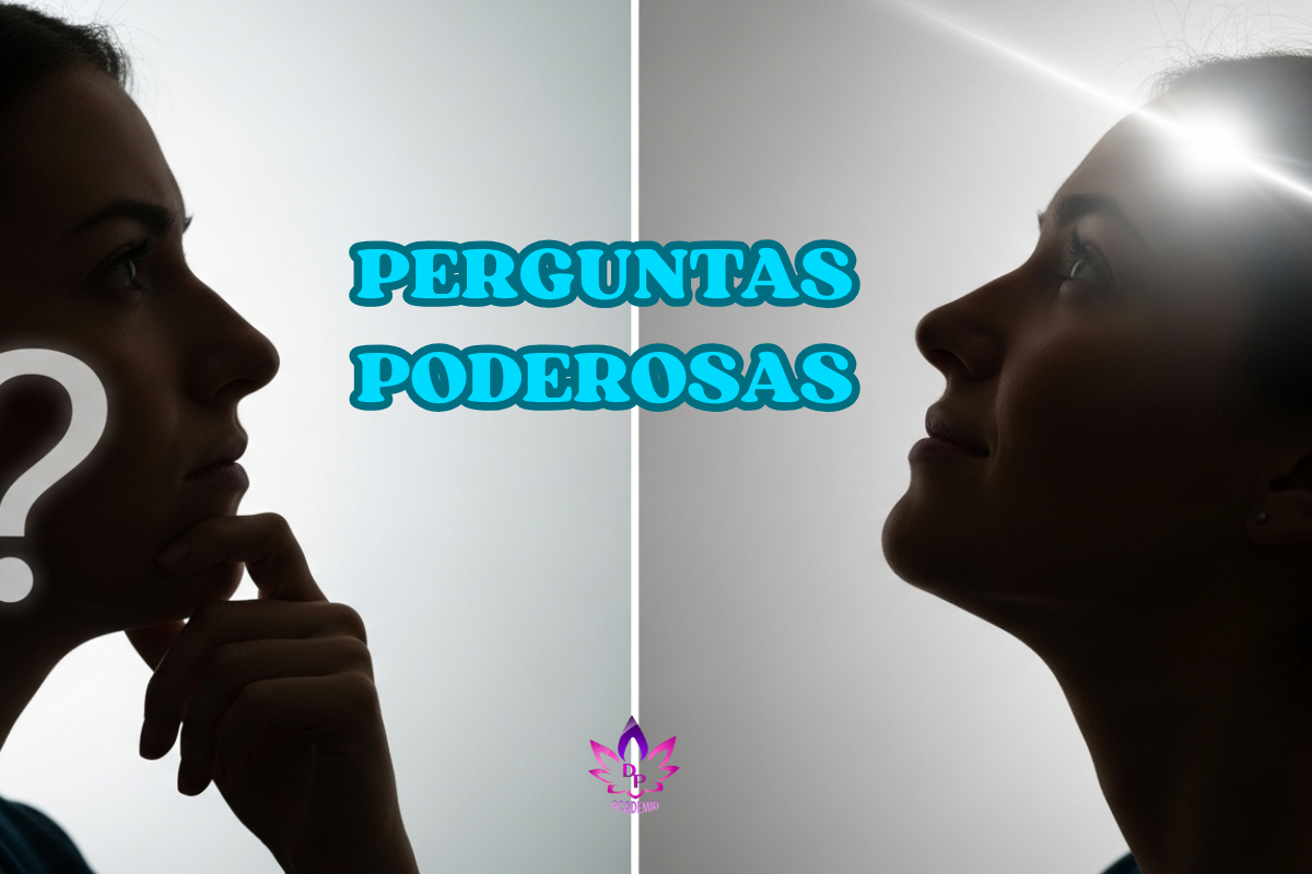 Imagem dividida mostrando o antes e o depois de uma pessoa, simbolizando a transição da dúvida (ponto de interrogação) para a clareza e transformação (luz na mente) através de perguntas poderosas.