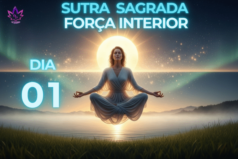 Mulher levitando em meditação serena sobre a água, com um sol radiante ao fundo, representando como encontrar força interior na Sutra Sagrada Dia 01.
