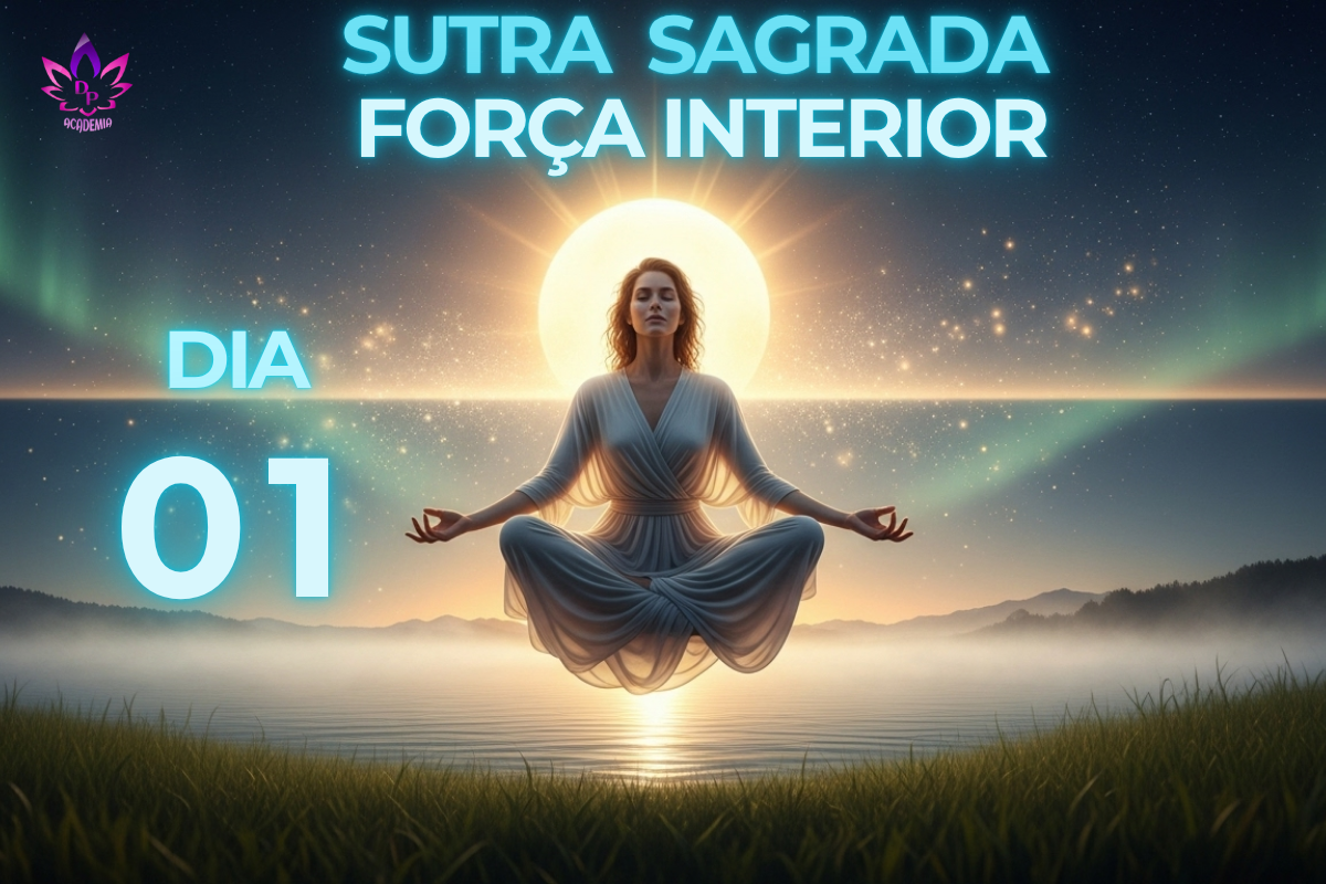 Mulher levitando em meditação serena sobre a água, com um sol radiante ao fundo, representando como encontrar força interior na Sutra Sagrada Dia 01.