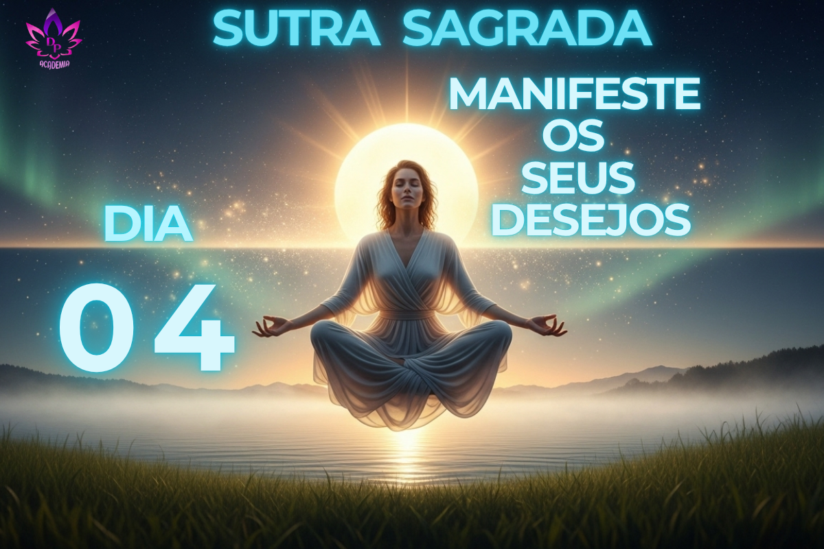 Mulher meditando com luz emanando do coração (imagem conceito da Sutra Sagrada), representando como manifestar seus desejos no Dia 04.