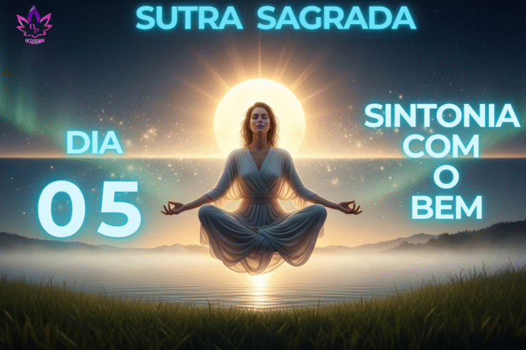 Imagem da Sutra Sagrada, representando o poder do pensamento positivo com uma mulher meditando em paz no Dia 05.
