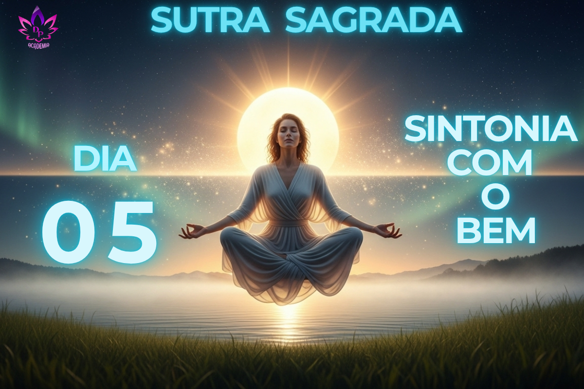 Imagem da Sutra Sagrada, representando o poder do pensamento positivo com uma mulher meditando em paz no Dia 05.