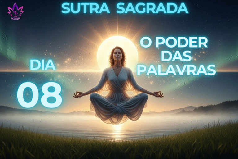 Imagem da Sutra Sagrada com mulher meditando, representando o poder das palavras e pensamentos, no Dia 08.