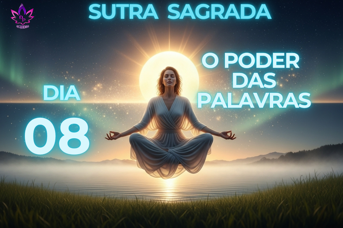 Imagem da Sutra Sagrada com mulher meditando, representando o poder das palavras e pensamentos, no Dia 08.
