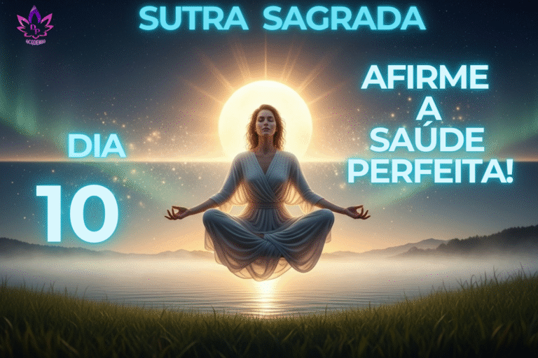Mulher meditando para afirmar a saúde perfeita, levitando sobre a água em um cenário de paz e luz.