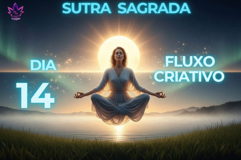 Imagem da Sutra Sagrada com mulher meditando, representando como desbloquear a criatividade e entrar em fluxo no Dia 14.