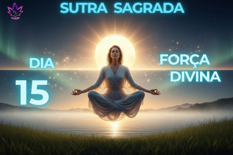 Imagem da Sutra Sagrada com mulher meditando, representando como aumentar a autoconfiança através da força divina no Dia 15.
