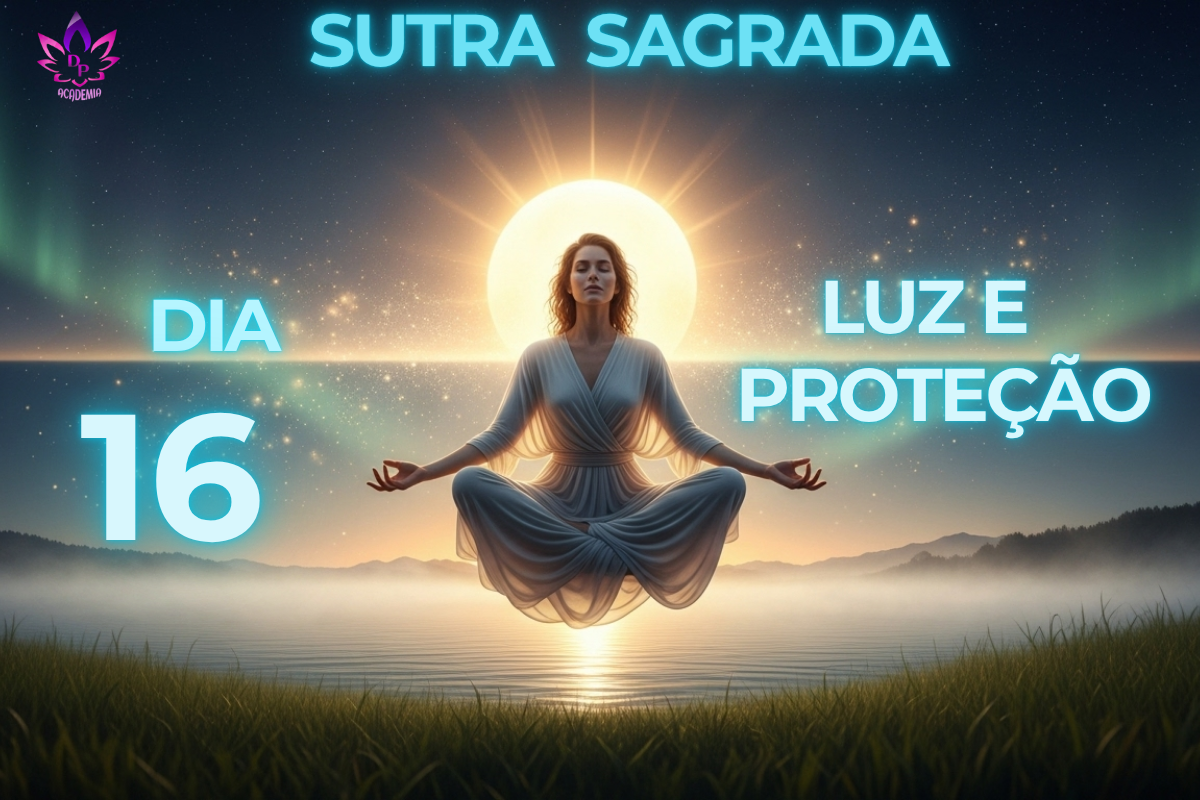 Imagem da Sutra Sagrada com mulher meditando, representando como superar o medo através da luz e proteção divina no Dia 16.