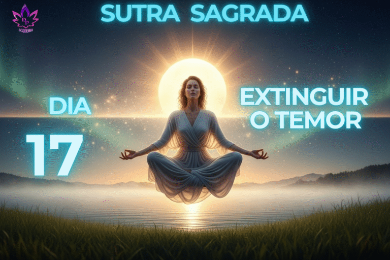 Imagem da Sutra Sagrada com mulher meditando, representando como parar de ter medo através da fé na proteção divina no Dia 17.