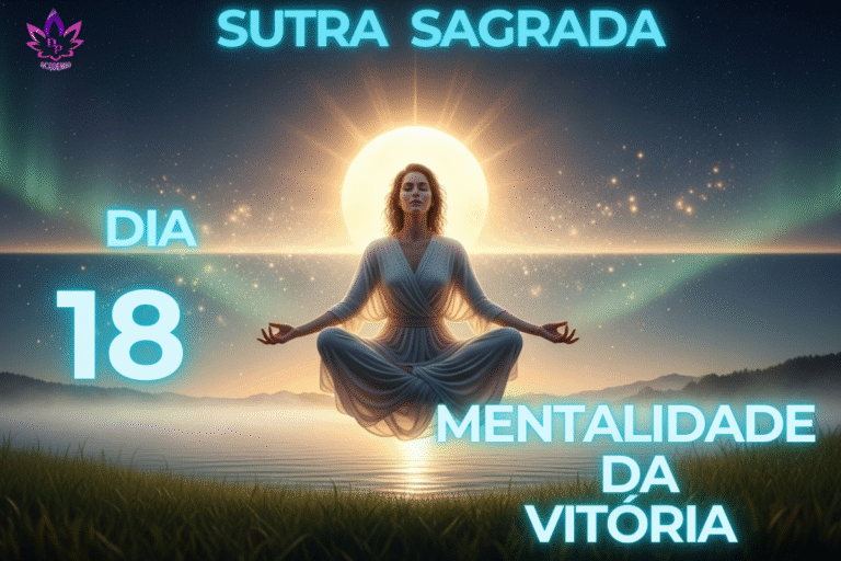 magem da Sutra Sagrada com mulher meditando, representando como alcançar o sucesso através da mentalidade da vitória no Dia 18.