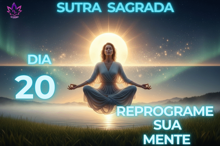 Imagem da Sutra Sagrada com mulher meditando, aprendendo como usar afirmações positivas para reprogramar a mente no Dia 20.