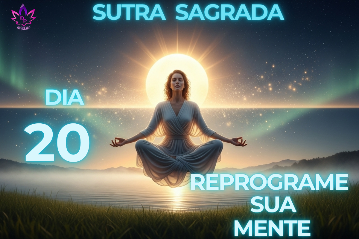 Imagem da Sutra Sagrada com mulher meditando, aprendendo como usar afirmações positivas para reprogramar a mente no Dia 20.