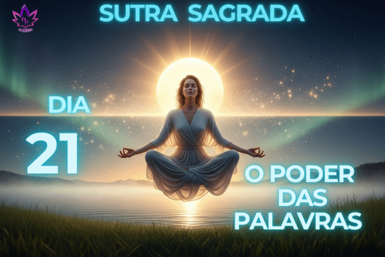 Ilustração conceitual mostrando o poder das palavras (luz saindo da boca de uma pessoa) concretizando a realidade, referente à Sutra Sagrada Dia 21.
