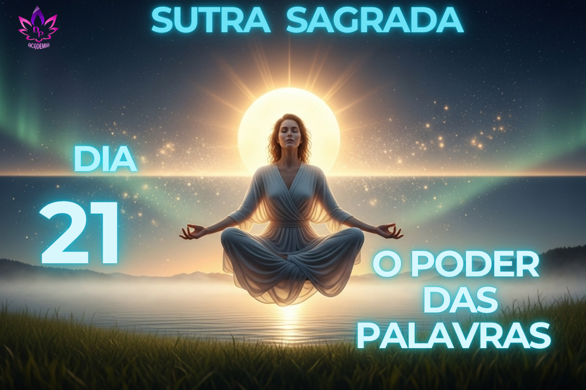 Ilustração conceitual mostrando o poder das palavras (luz saindo da boca de uma pessoa) concretizando a realidade, referente à Sutra Sagrada Dia 21.