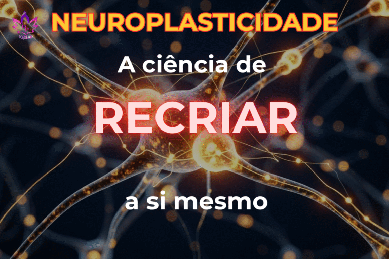 Representação 3D de neurônios com sinapses brilhantes, ilustrando o conceito de neuroplasticidade e atenção plena para romper padrões mentais.