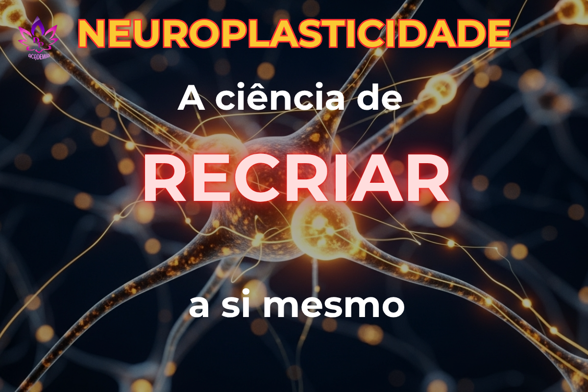 Representação 3D de neurônios com sinapses brilhantes, ilustrando o conceito de neuroplasticidade e atenção plena para romper padrões mentais.