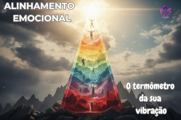 Ilustração da Escala Emocional de Abraham Hicks, mostrando pessoas subindo de vibrações baixas (vermelho) para o Alinhamento Emocional (luz branca) no topo de uma pirâmide.