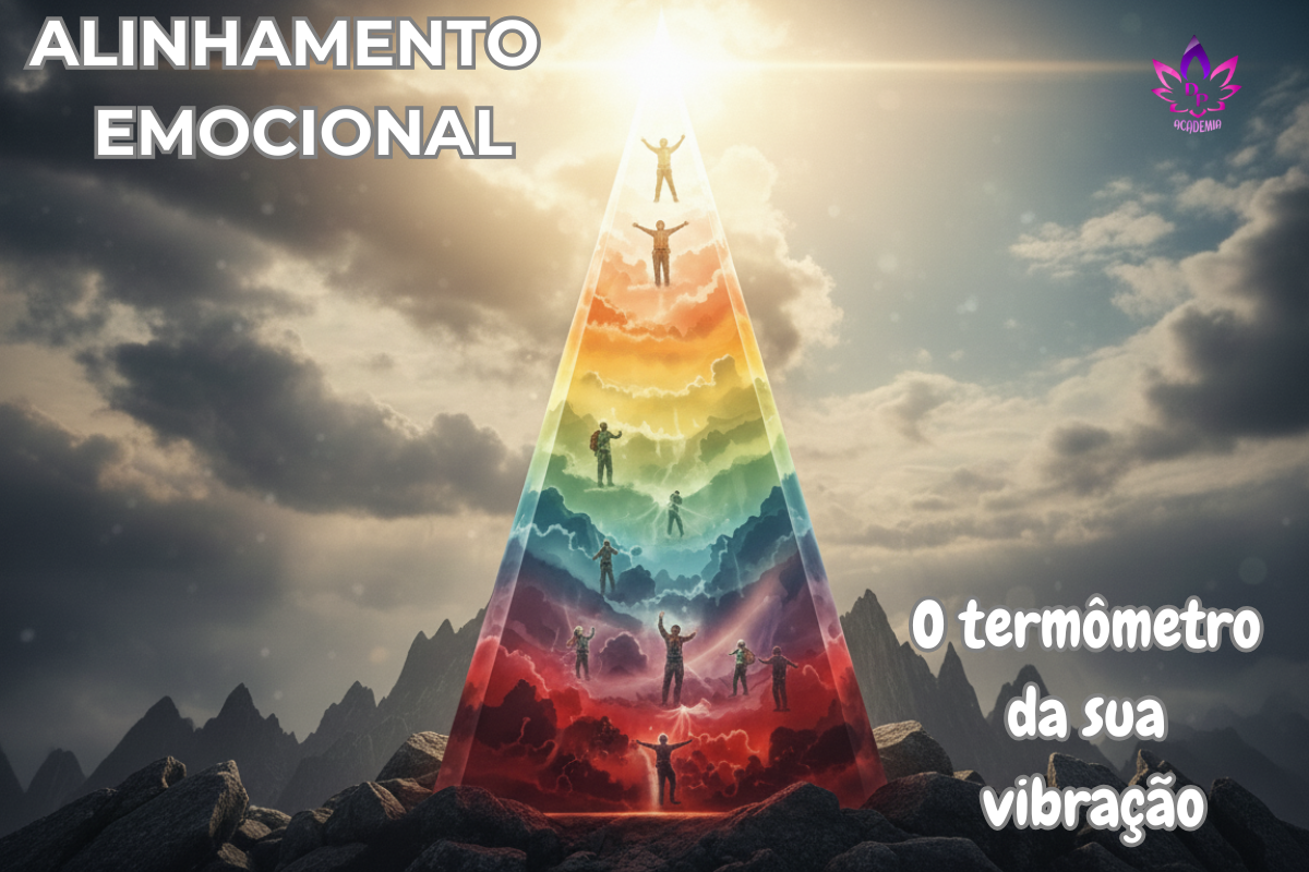 Ilustração da Escala Emocional de Abraham Hicks, mostrando pessoas subindo de vibrações baixas (vermelho) para o Alinhamento Emocional (luz branca) no topo de uma pirâmide.