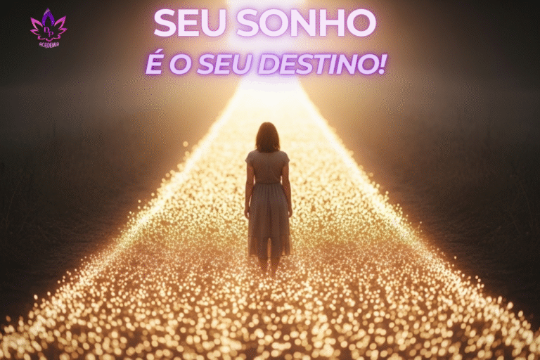 Imagem conceitual de uma mulher caminhando por um caminho de luz dourada, representando a jornada para sentir o poder dos seus sonhos.