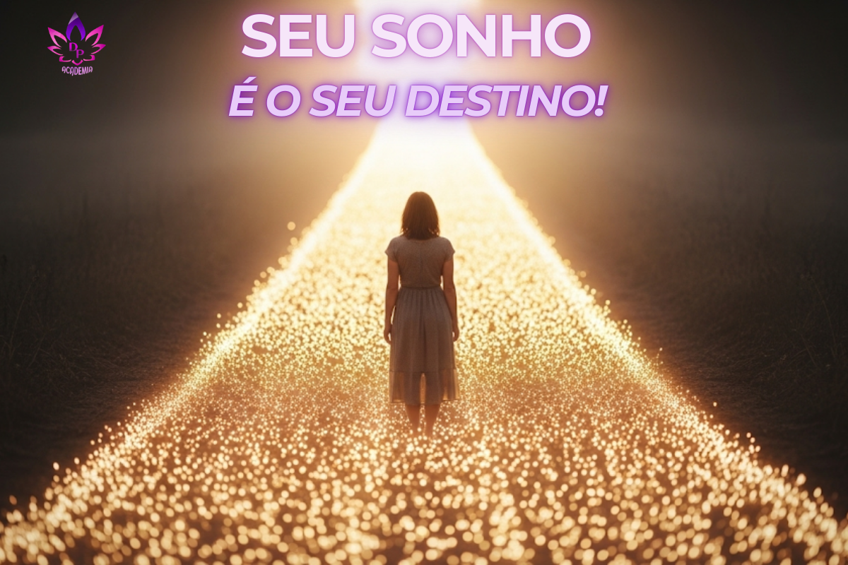 Imagem conceitual de uma mulher caminhando por um caminho de luz dourada, representando a jornada para sentir o poder dos seus sonhos.