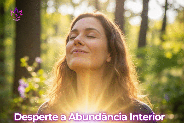 "Mulher de olhos fechados em meio à natureza, com uma luz dourada emanando do seu centro, representando o despertar da abundância interior." Abundância Rituais Diários