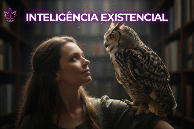 "Imagem conceitual de uma mulher em uma biblioteca, em um momento de conexão com uma coruja em seu ombro, simbolizando o despertar da sabedoria e a exploração das Inteligências Múltiplas."