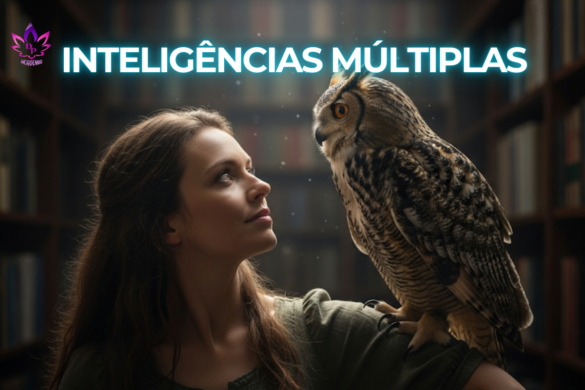 Imagem conceito da série Inteligências Múltiplas, mostrando uma mulher interagindo com uma coruja, que simboliza a sabedoria, em uma biblioteca.
