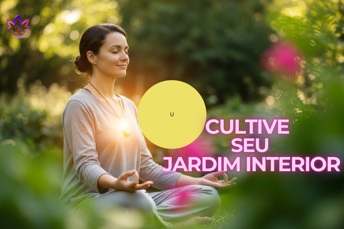 o Significado da palavra Meditação "Mulher meditando em posição de lótus em meio a uma natureza exuberante e iluminada, representando o cultivo da paz interior e o significado profundo da meditação."