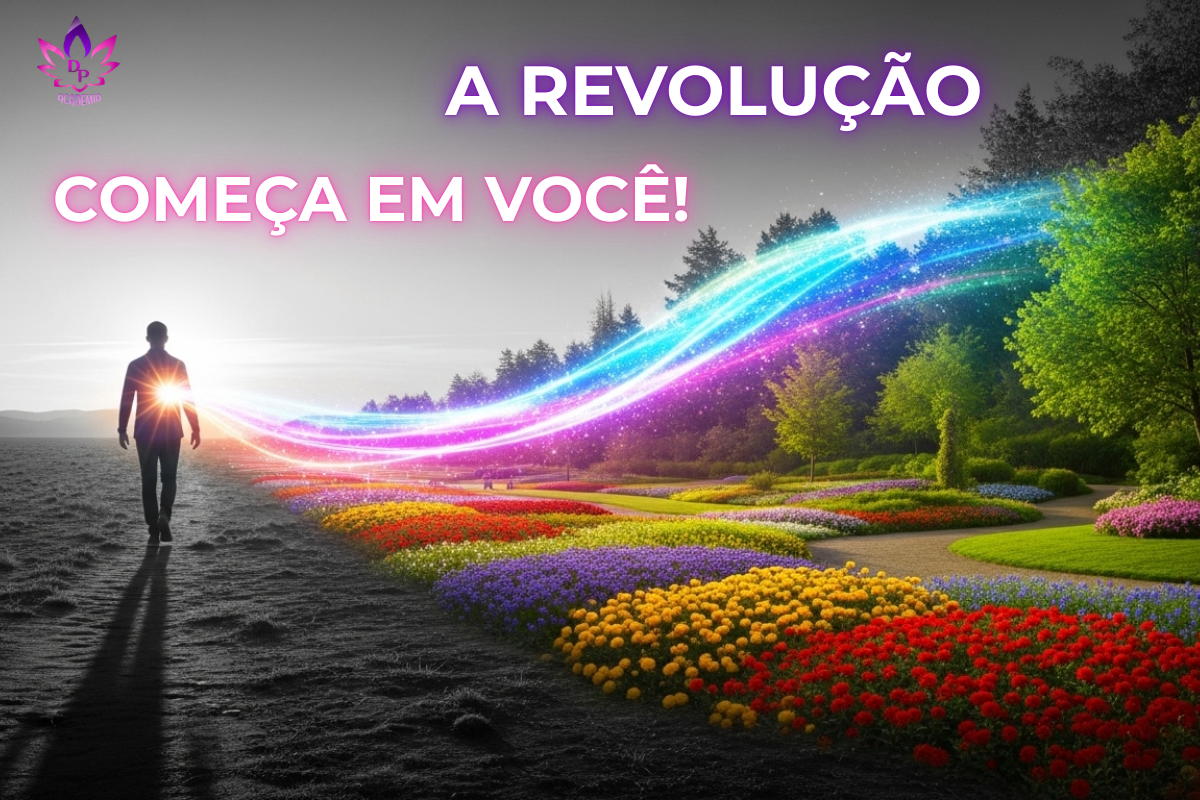 Mulher meditando emana luz do coração que transforma uma paisagem cinza em colorida, simbolizando como a revolução para como mudar o mundo começa dentro de você.