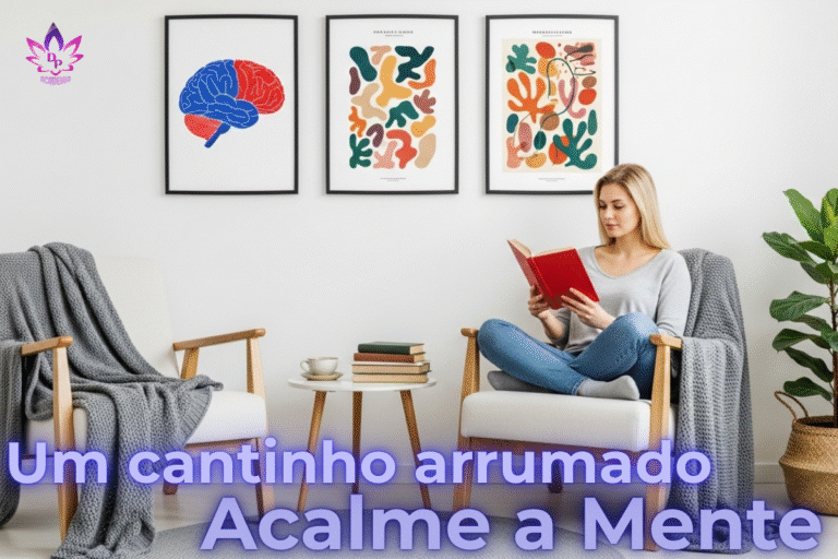 Mulher lendo um livro em um ambiente tranquilo, com quadros de cérebro e arte abstrata ao fundo, simbolizando a importância do autoconhecimento e do cuidado com a saúde mental.