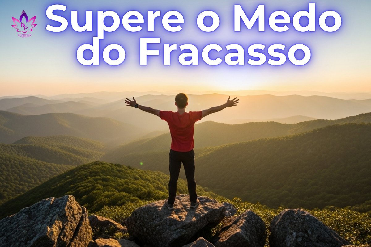 Homem no topo de uma montanha com os braços abertos, simbolizando a conquista de superar o medo do fracasso.