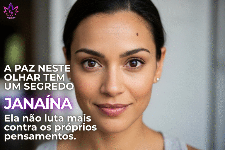 Close-up do rosto de Janaína, uma mulher com um olhar sereno e confiante. O texto sobreposto diz: "A paz neste olhar tem um segredo. Ela não luta mais contra os próprios pensamentos.
