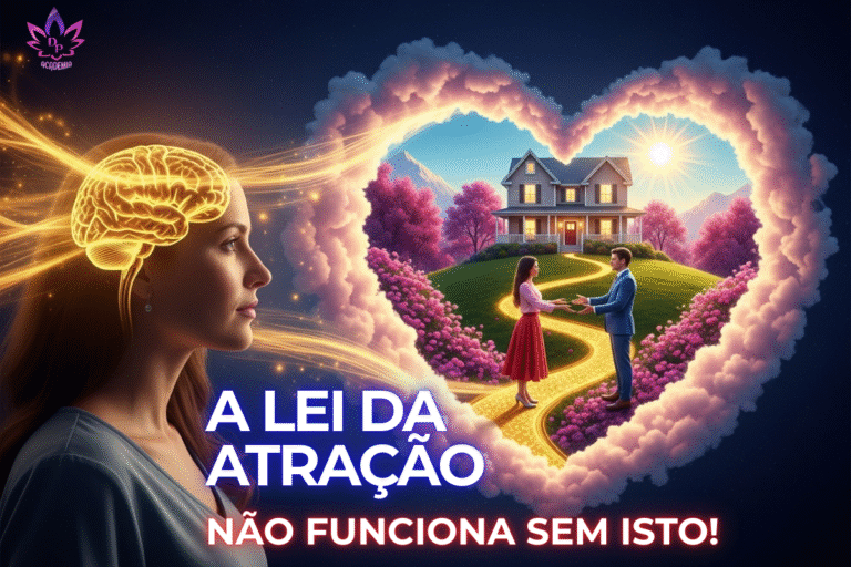 Mulher visualizando exercendo o poder da gratidão a Lei da Atração em ação: seu cérebro iluminado projeta a imagem de um casal feliz em uma casa dos sonhos, dentro de uma nuvem em formato de coração, ilustrando o poder da mente na manifestação.
