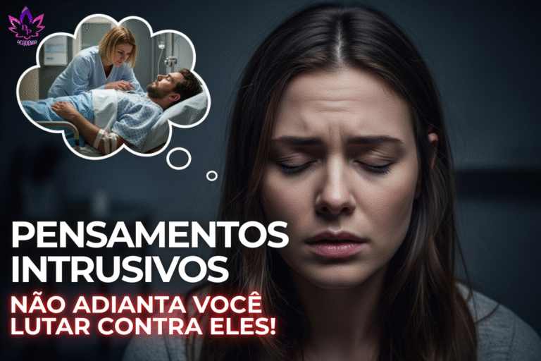 Mulher com expressão de angústia e olhos fechados, tendo um pensamento intrusivo sobre um ente querido doente no hospital. A imagem ilustra a dor causada pelos pensamentos indesejados.