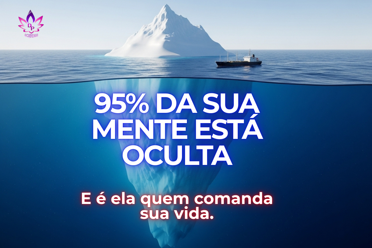 Ilustração da mente como um iceberg: a ponta visível representa a mente consciente, enquanto a parte submersa e oculta, 95% do total, representa a mente subconsciente que comanda a vida.