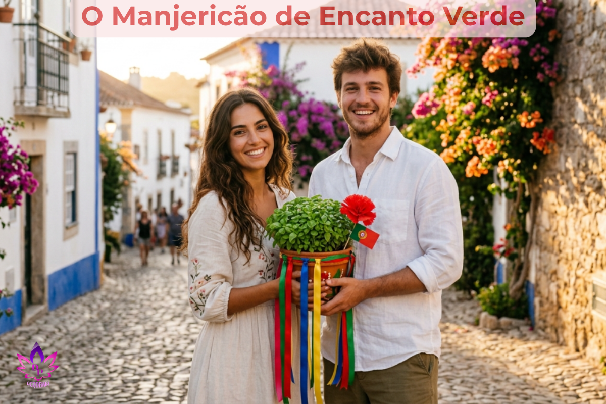 otografia realista de Sofia e Miguel sorrindo em um vilarejo rústico, segurando um vaso com a tradição do manjericão, enfeitado com fitas coloridas e um cravo de papel.