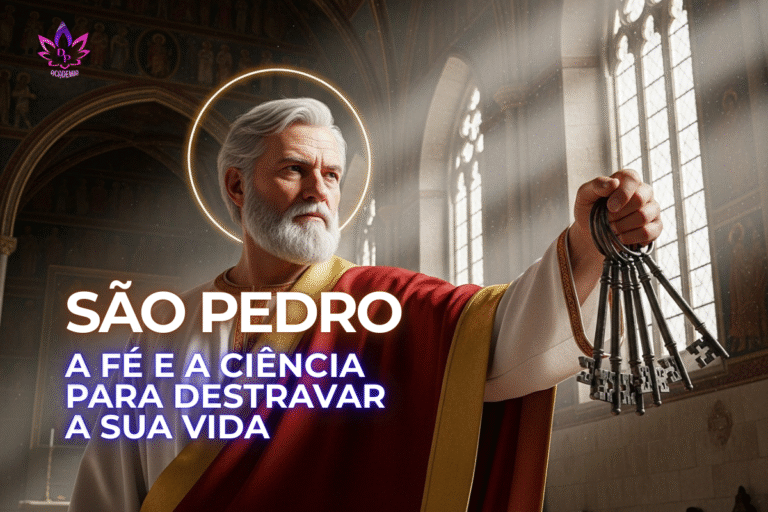 Imagem de São Pedro em um ambiente de catedral, com uma auréola de luz, segurando um molho de chaves antigas. A imagem simboliza a união da fé e da ciência como chaves para destravar o potencial da vida.