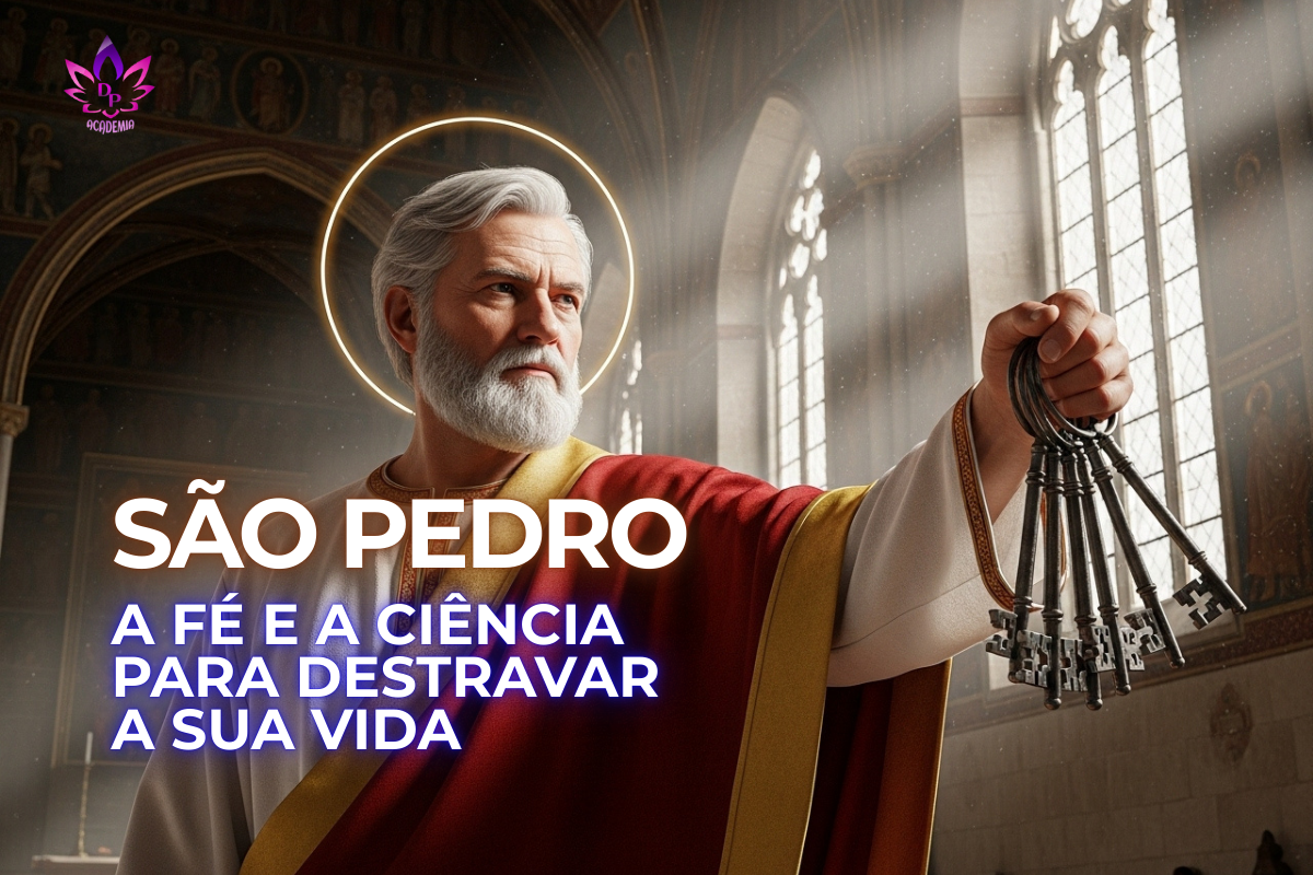 Imagem de São Pedro em um ambiente de catedral, com uma auréola de luz, segurando um molho de chaves antigas. A imagem simboliza a união da fé e da ciência como chaves para destravar o potencial da vida.