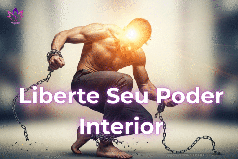 Homem musculoso quebrando correntes com luz saindo da cabeça, simbolizando a superação de limites e o poder da mente para reprogramar crenças e alcançar o sucesso.
