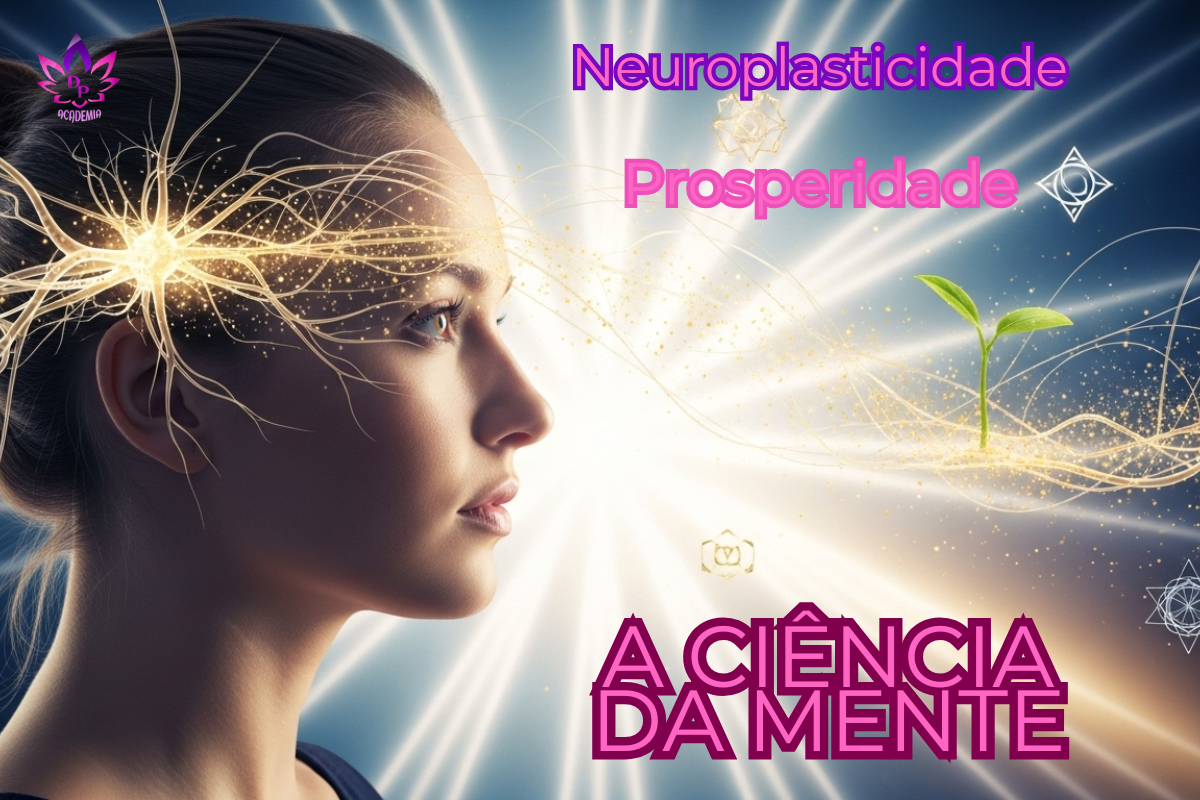 Mulher em perfil com neurônios luminosos simbolizando a neuroplasticidade e a prosperidade, mostrando a mente criando a realidade.
