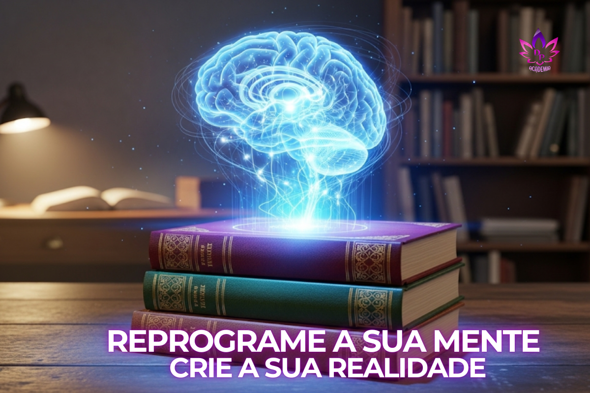 "Três livros empilhados com um cérebro digital brilhante emergindo do topo, representando os livros essenciais para a reprogramação mental e a criação da própria realidade."