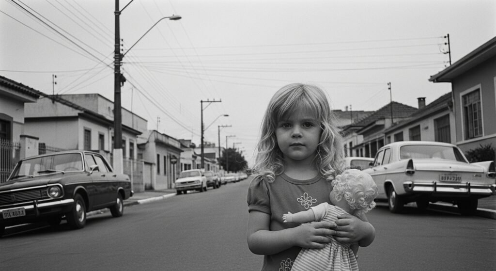 Foto artística em preto e branco de uma menina segurando uma boneca em uma rua de um bairro da zona norte de São Paulo na década de 60, com um olhar direto e questionador. A imagem representa o início da jornada de busca espiritual de Sandra Scudiero.