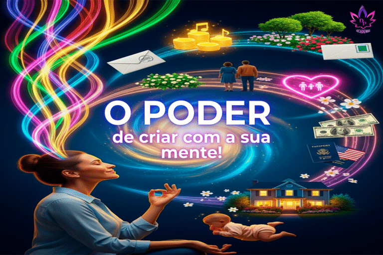 Ilustração do poder do pensamento segundo Abraham-Hicks, com uma mulher manifestando sua realidade desejada através de um vórtice de energia criado por seus pensamentos alinhados.