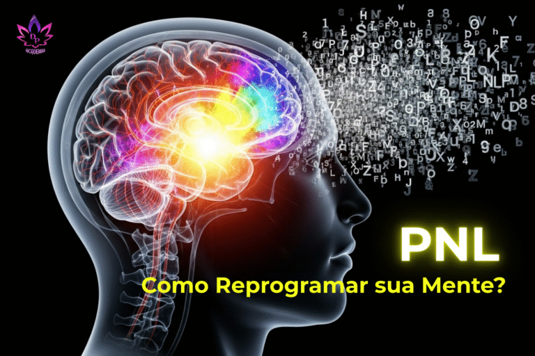 Ilustração do perfil de uma cabeça humana com o cérebro em destaque, cercado por letras e símbolos flutuantes, representando os processos de pensamento, aprendizado e reprogramação mental da PNL.