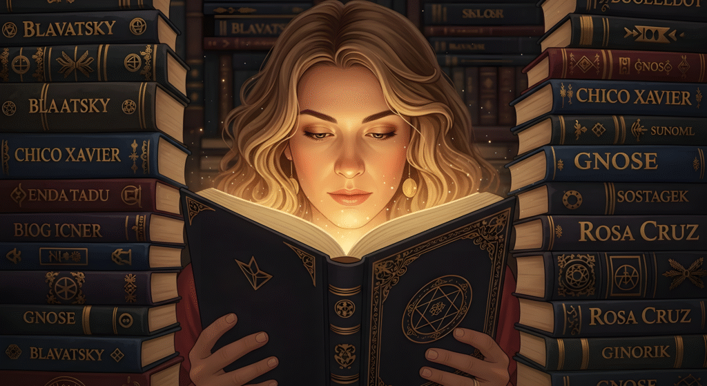 Ilustração de uma mulher lendo um livro antigo que emite uma luz mágica, cercada por pilhas de livros de autores esotéricos como Blavatsky, Chico Xavier, e temas como Gnose e Rosa Cruz, simbolizando o despertar e a imersão no conhecimento espiritual.